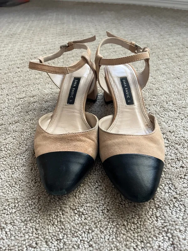 Zara Leather Slingback Block Heel Pump Strappy Beige Black Designer Size 6.5 - Image 3