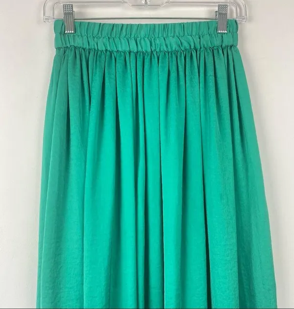 Mango CASUAL Maxi Skirt Green Satin Polyester Floor Length Elastic Waist XS - Image 3