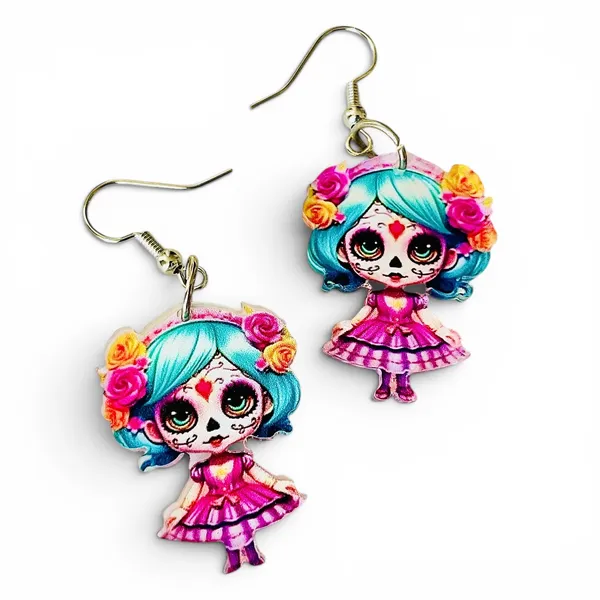 New Day of the Dead Sugar Skull Doll Acrylic Dangle Earrings - Image 5