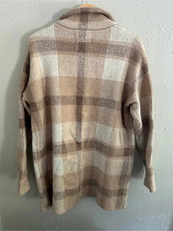 Thread & Supply Neutral Plaid Knit Cardigan Sweat Jacket Shacket Beige Taupe - Image 4