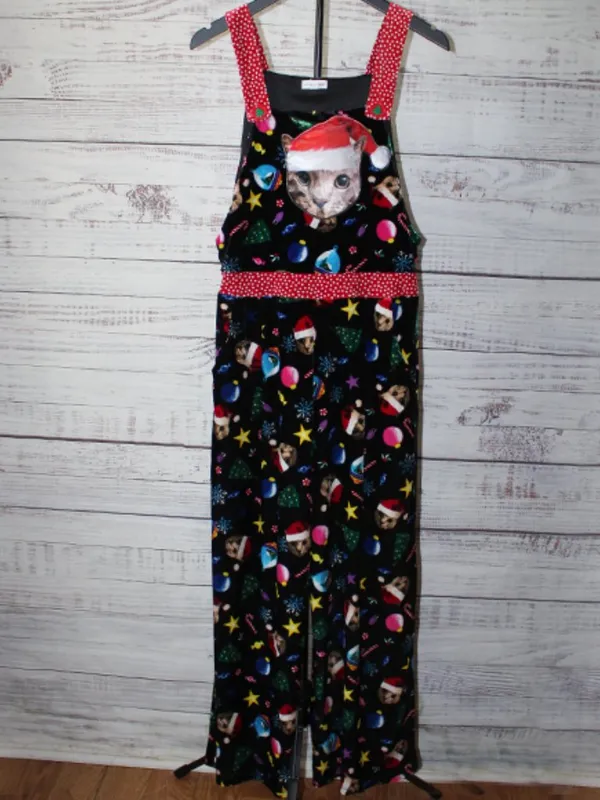 Love On A Hanger Women's Black Christmas Kitty Cat Velour Overalls Size Medium - Image 2