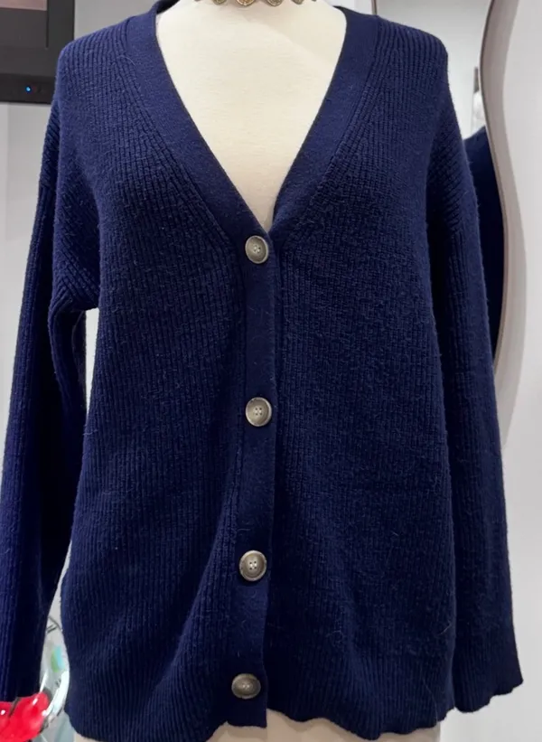 MEROKEETY Classic Navy Ribbed V-Neck Cardigan - Image 4