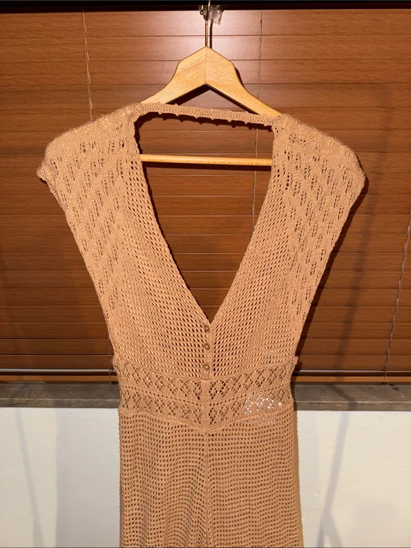 American Eagle Tan Crochet Knit Wide Leg Jumpsuit - Image 4