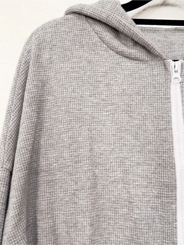 J.ING Gray Waffle Knit Zip Up Hoodie Shorts Two Piece Lounge Set One Size - Image 3