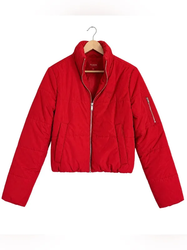 Guess Puffer Jacket Y2K Red Cropped Streetwear Quilted Zip Up Size Small - Image 2
