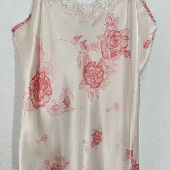 Vintage Floral Pink Lace Trim Satin Slip Nightgown Private Luxury Fairycore - Image 3