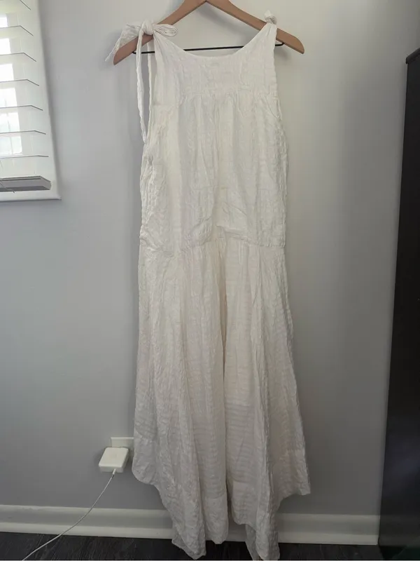 Free People Small Celine Maxi Dress White Textured Beach Flowy Bow Tie Strap - Image 5