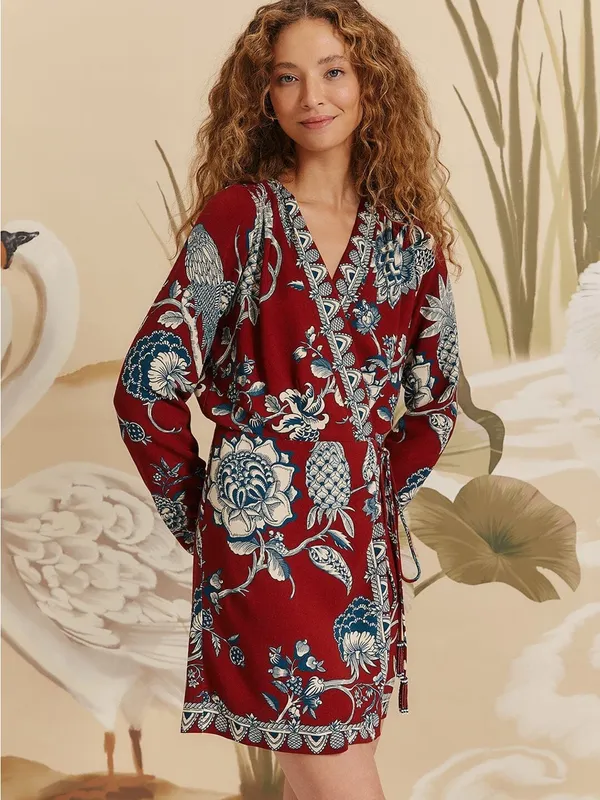 Farm Rio Red Tropical Landing Wrap Mini Dress - Image 3