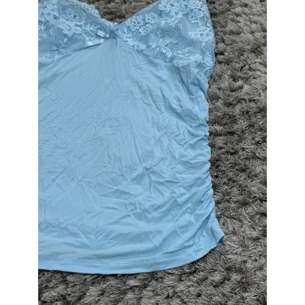 Vintage Y2K Light Blue Lace Trim Cami Top Ruched Bow Babydoll Tank Women’s S - Image 3