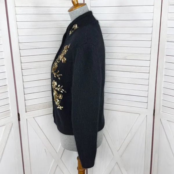 Vintage Karen Scott Sequin Fuzzy Angora Wool Cardigan Sweater Black‎ Gold Medium - Image 2