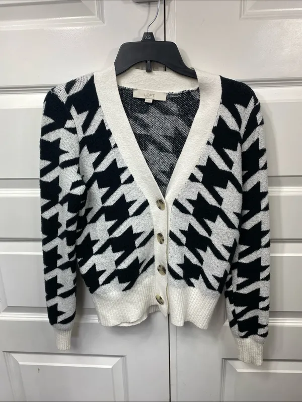 Loft Ivory Black Houndstooth V-Neck Button Front Cardigan Sweater XS Extra Small - Image 6
