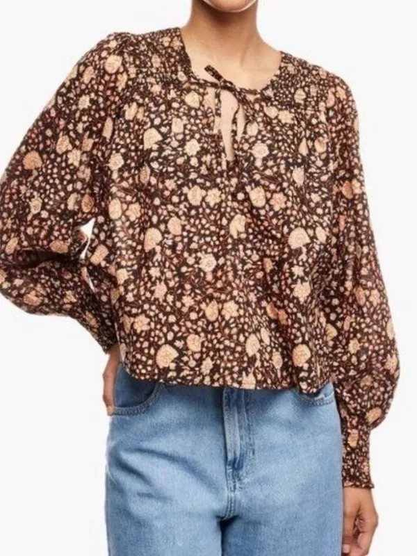 Billabong Desert Daze Floral Peasant Blouse Brown Smocked Long Sleeve Top Medium - Image 4