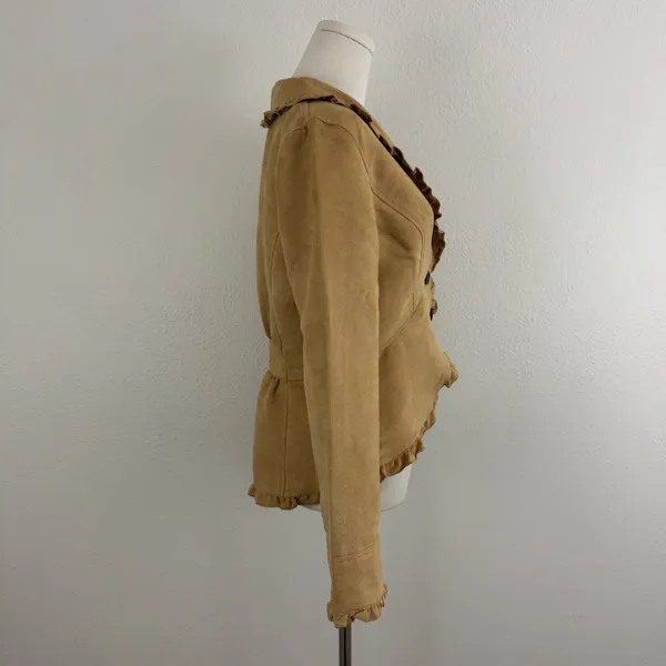 FADED GLORY Y2K Tan Blonde Faux Suede V Neck Ruffle Trim Button Up Blazer Jacket - Image 4
