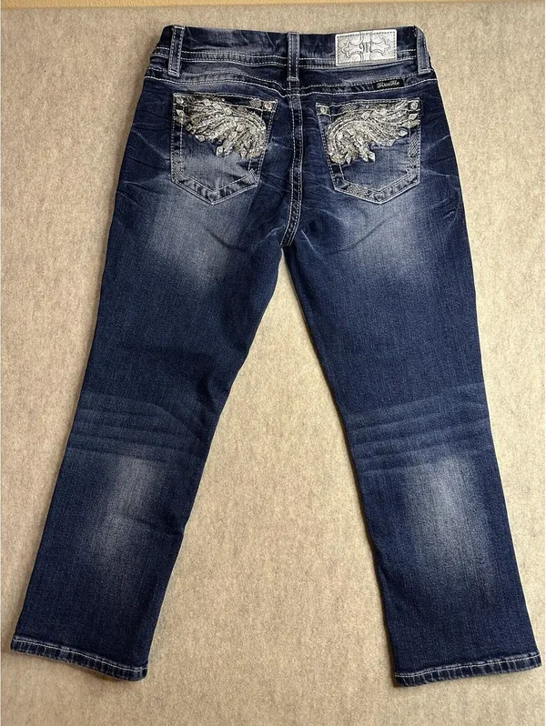 Miss Me Jeans Mid-Rise Cropped Wings Embellished Rhinestones Blue Size 27 - Image 6