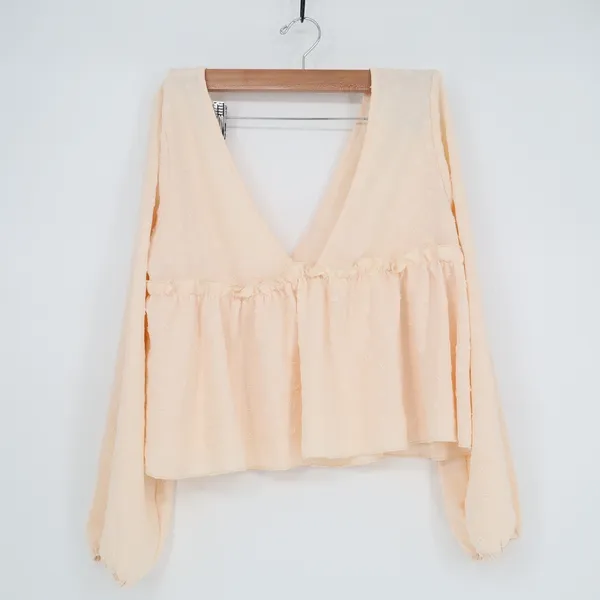 Peach Swiss Dot Deep V-Neck Peplum Blouse Long Sleeve Ruffle Top Large - Image 2