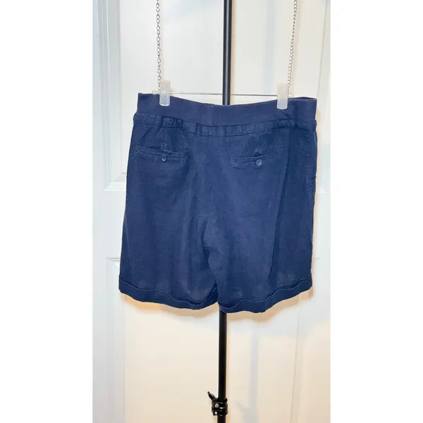 Per Se Navy Blue‎ Linen Blend Drawstring Shorts Size 6 Wood Bead Detail Cuffed - Image 2