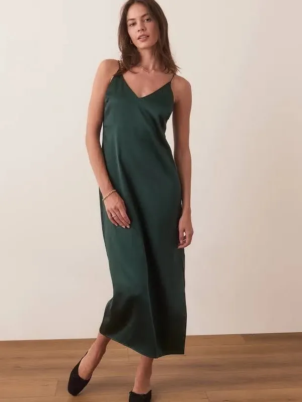 Marine Layer Dark Green Evergreen Satin Slip Midi Dress M - Image 2