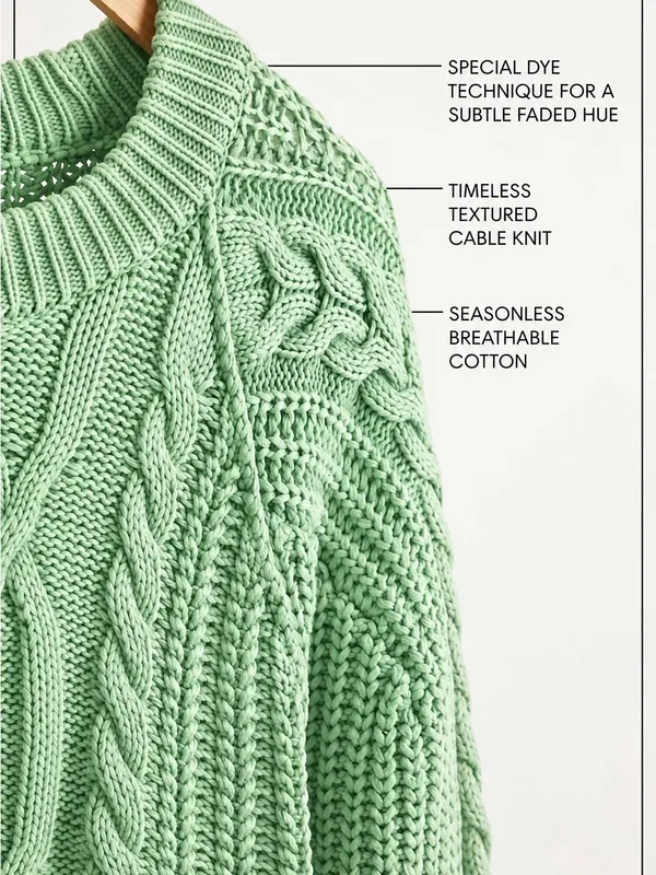 NWT Free People Frankie Cable Knit Cotton Sweater Patina Green Lime LARGE - Image 4