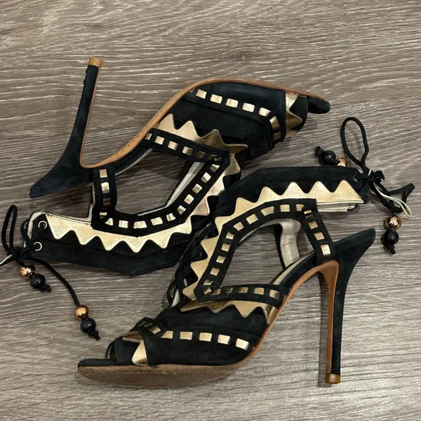 Sophia Webster Riko Black Suede Rose‎ Gold Geometric Peep Toe Stiletto Heels 8 - Image 6