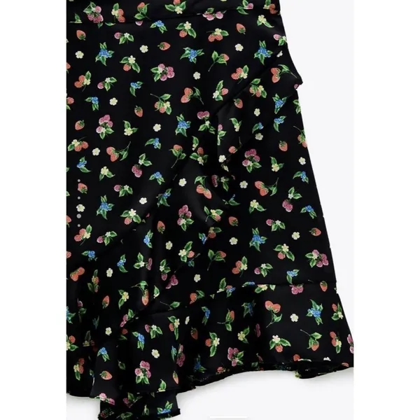 ZARA Black Floral Fruit Berries Ruffled Satin Shorts Skort Satin Summer X-Small - Image 15