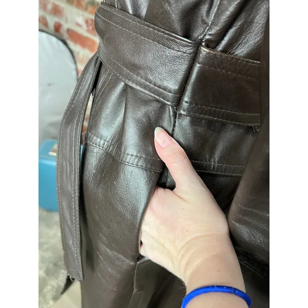 leather trench coat brown double breasted Vintage 1970s sz 7 - Image 7