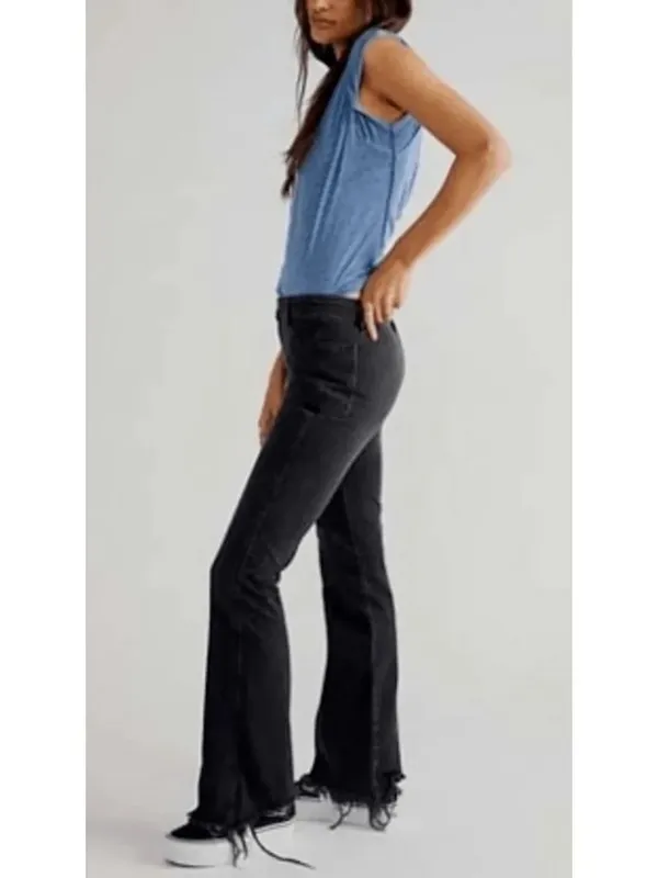 We The Free People Izzy Flare Leg Raw Fray Hem Jeans Black Patch Pockets SZ 28 - Image 11
