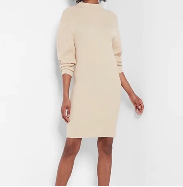 NWT Express Creamy Beige Ribbed Sweater Dress Mock Neck Women’s XS - Image 2