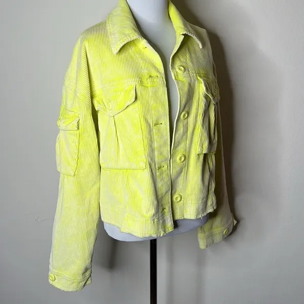Free People Neon Yellow Cropped Oversized Corduroy Part Time Love Jacket - Image 3