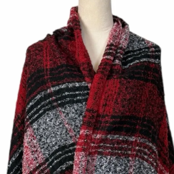 Plaid Blanket Scarf Shawl Wrap Red Black Gray Fringe Winter Poncho Oversized - Image 4