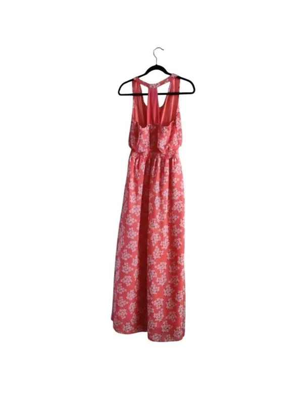 Tulle Coral-Pink Floral Sleeveless Maxi Dress with Waist Tie - Image 3