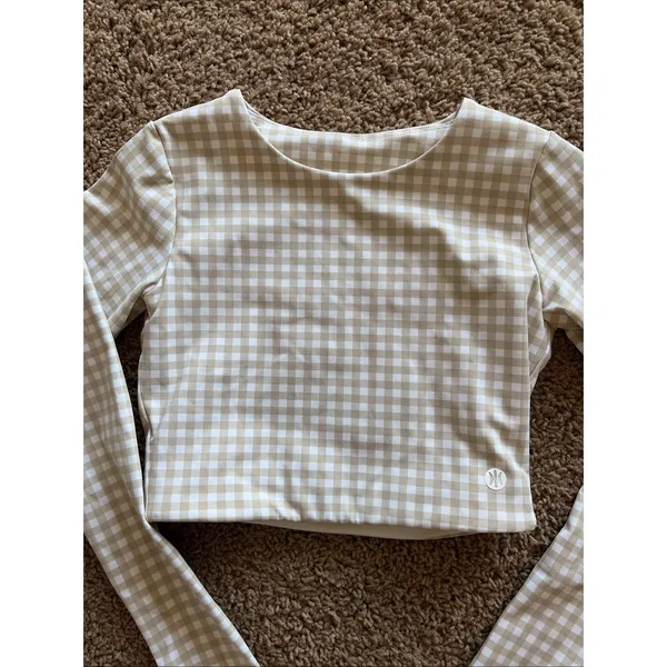 Astoria Activewear Beige Tan Gingham Check Long Sleeve Workout Gym Crop Top S - Image 8