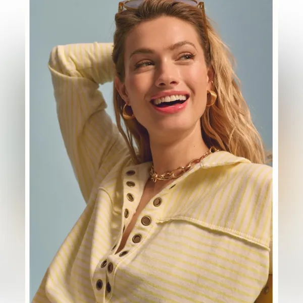 Pilcro Anthropologie Spliced Henley Top Ivory / Oxalis Tint, size L - Image 3