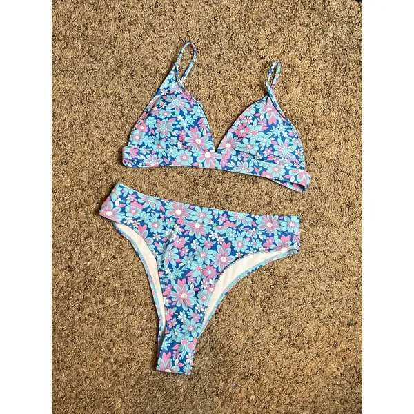Tropical Floral Bikini‎ Set Blue Pink Girly Summer Resort Beachwear Size Large - Image 2