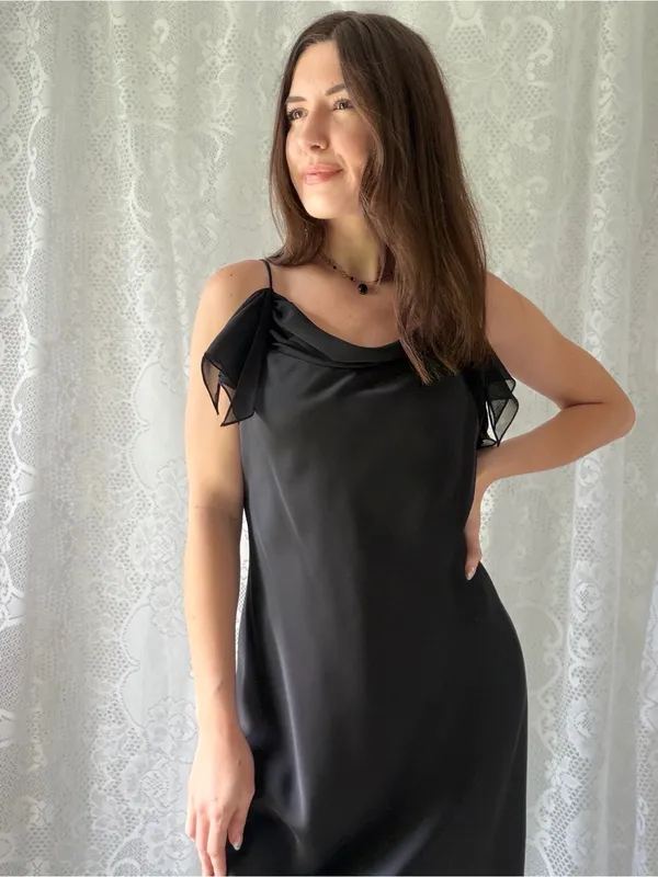 Vintage Y2K Cachet Black Satin Cowl Neck Ruffle Maxi Dress Size 8 - Image 4