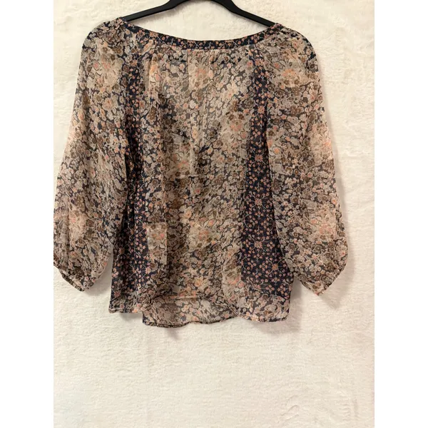 American Eagle Floral Peasant Blouse Small Navy Peach Sheer V-Neck Boho Top 5112 - Image 8