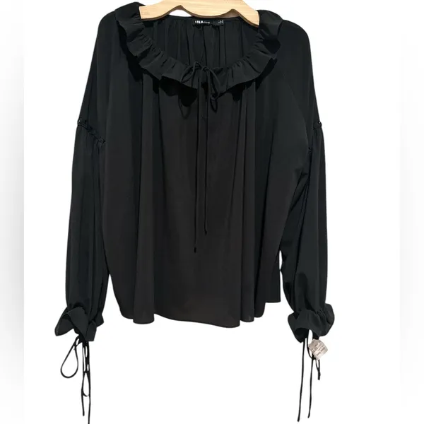 INA LONG puff SLEEVE RUFFLE NECK BOHO OVERSIZED BLOUSE L - Image 2