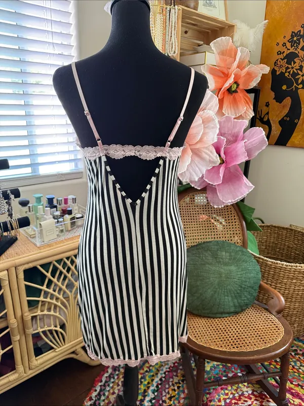 Betsey Johnson Pink & Black Striped Lace Trim Whimsigoth Fairy Mini Slip Dress - Image 2