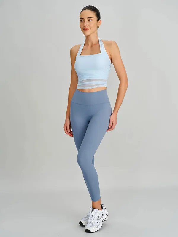 Berlook Activewear Light Blue Halter Neck Ruched Mesh Sports Bra - Image 4