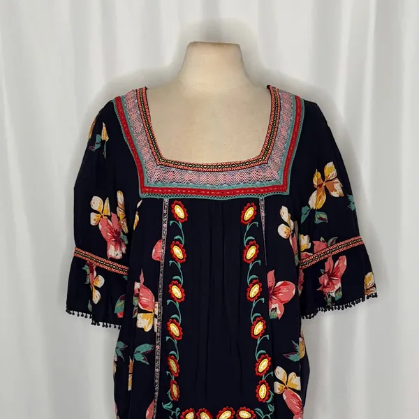 By ANTHROPOLOGIE Dakota Floral Embroidered Top Blouse Peasant Square‎ Neck Large - Image 3