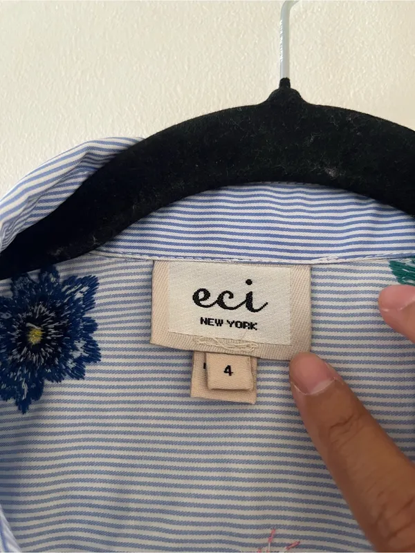 Eci Light Blue Floral Embroidered Pinstripe Shirt Button Up Mini Dress 4 Cottage - Image 2