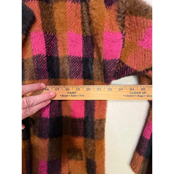 NVLT Pink‎ Brown Buffalo Plaid Double Breasted Fuzzy Longline Coat Coatigan - Image 9