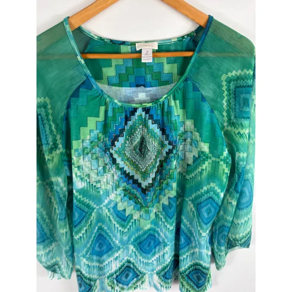 Chicos Green Blue Patterned Blouse Size 2 / Large - Image 2
