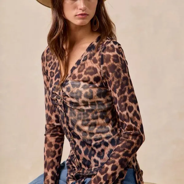 BiBi Leopard Printed Mesh‎ Shirt With Button Up V Neck Size XL - Image 2