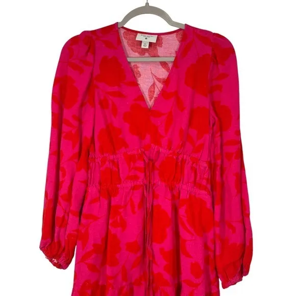 Kate Spade‎ x Target Vibrant Bright Red Pink Linen Blend Long Sleeve Midi Dress - Image 2