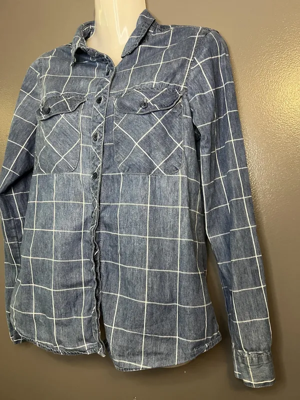 Japna Shirt Womens Small Blue Chambray Windowpane Plaid Button Down Long Sleeve - Image 3