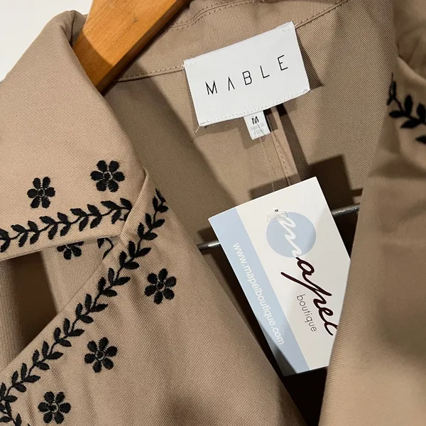 NEW Mable Embroidered Trench Coat Sz Medium Taupe and Black Neutral - Image 6