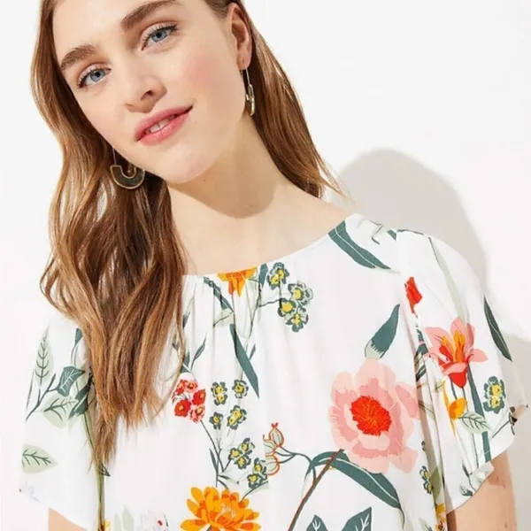 Loft Women's Size‎ Small Floral Button Back Blouse White Flutter Sleeve Flowy - Image 3