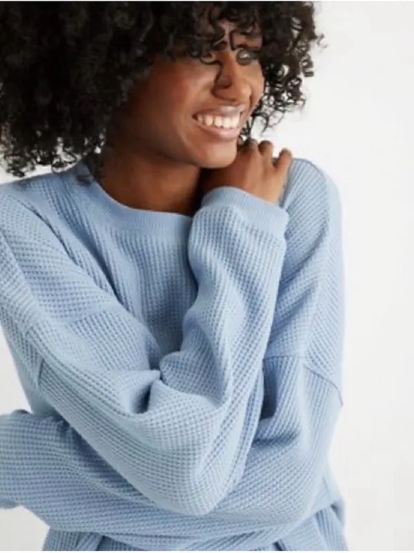 Aerie Blue Waffle Crewneck Oversized Pullover Sweatshirt Size Small - Image 3