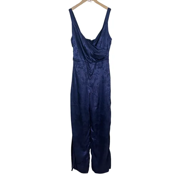 NWT Lulus Sleek Sensation Navy Blue Jacquard Floral Satin Jumpsuit Size Medium - Image 2