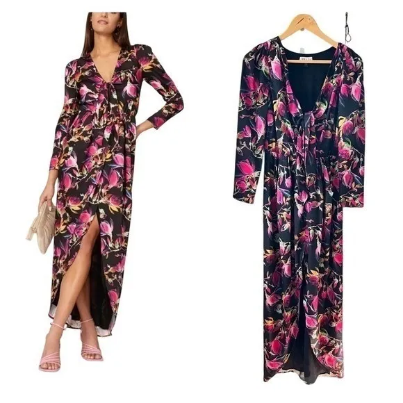DELFI Collective Floral Ruched Maxi‎ Dress Front Slit Small Wedding Guest - Image 14